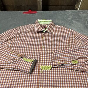 Robert Graham Flip‎ Cuff Men's Size L Orange Gingham Plaid Button Up Shirt